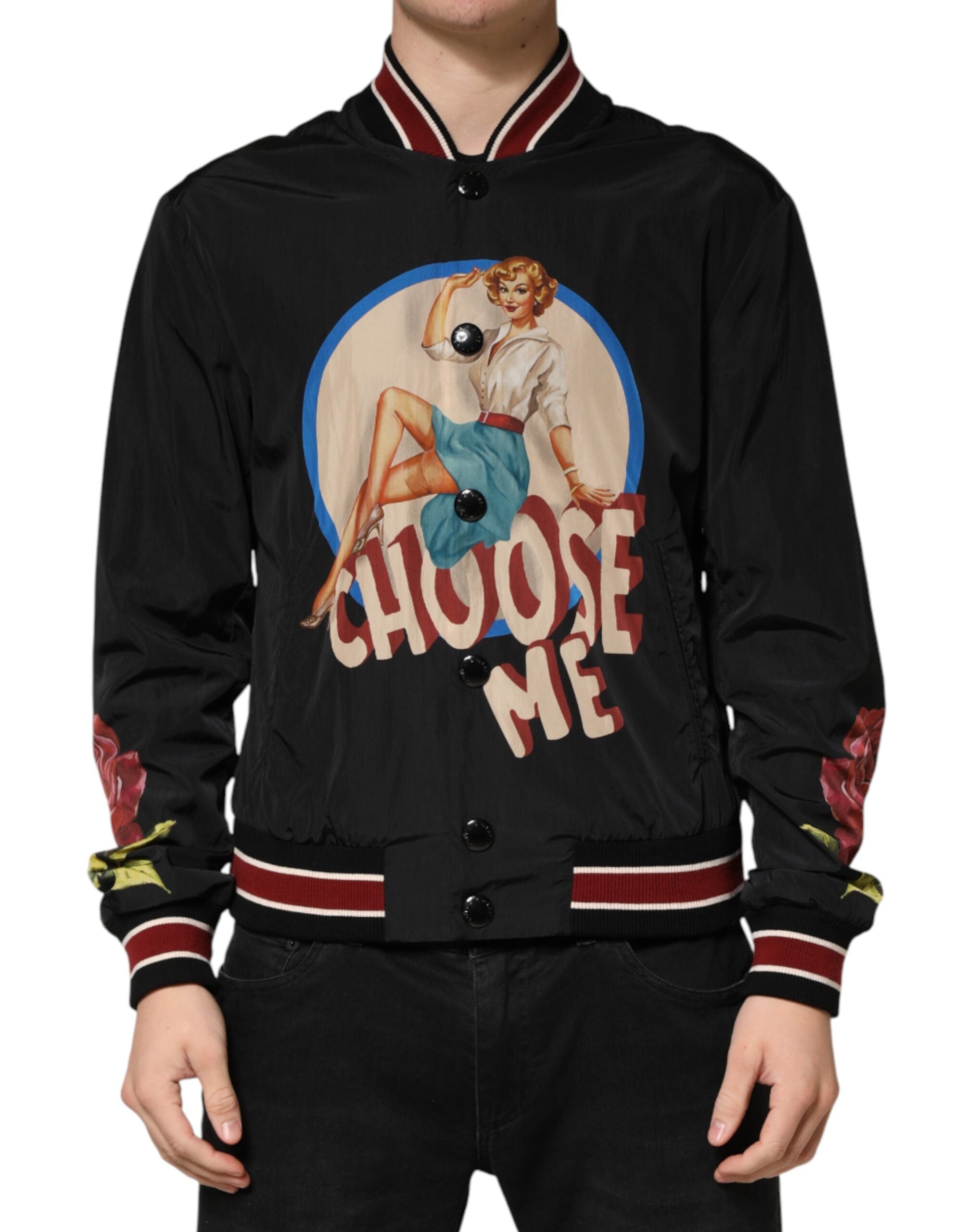 Dolce & Gabbana Black Pin Up Button Down Men Bomber Men's Jacket