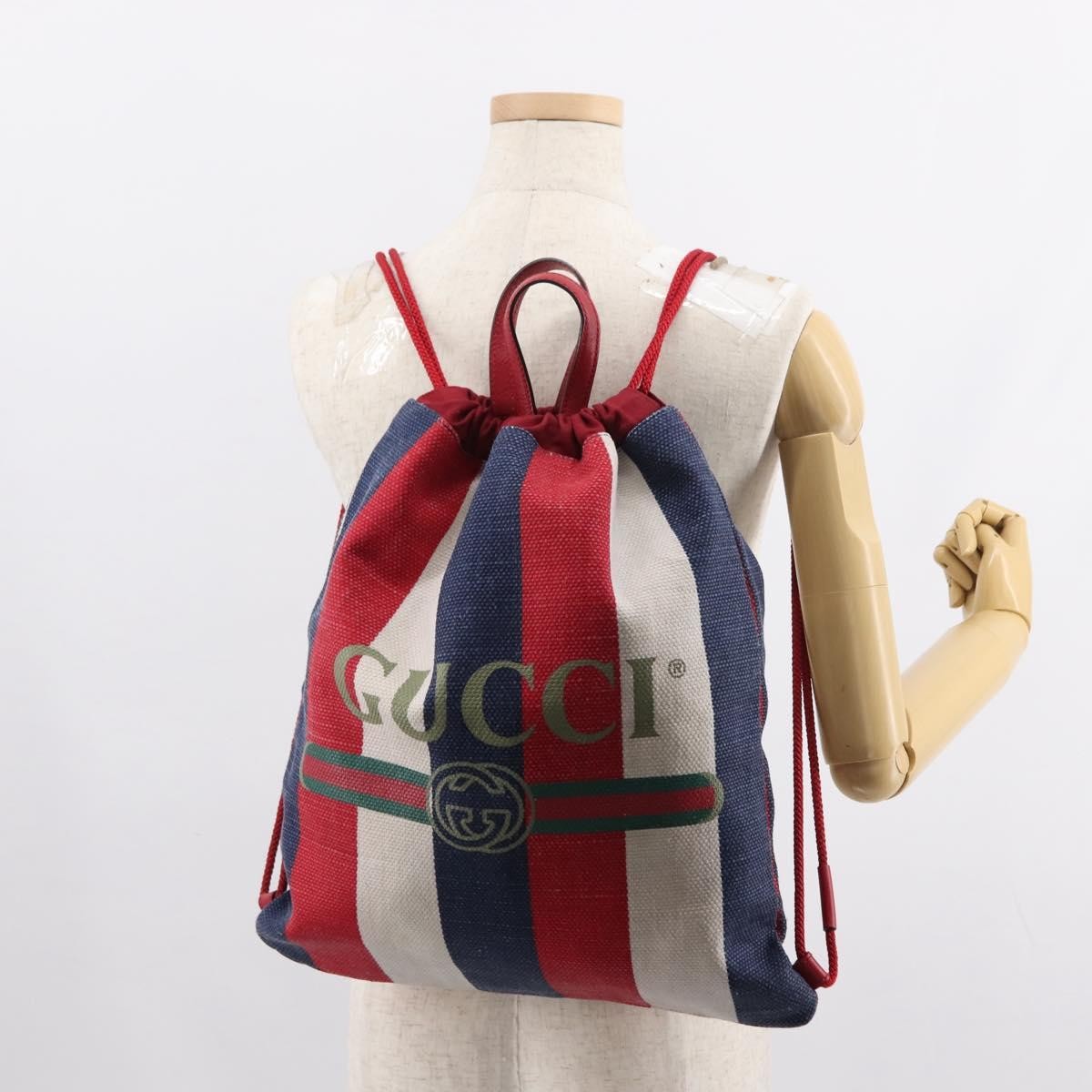 Gucci Logo Drawstring Striped Canvas Blue Canvas Backpack Bag (Pre-Owned)