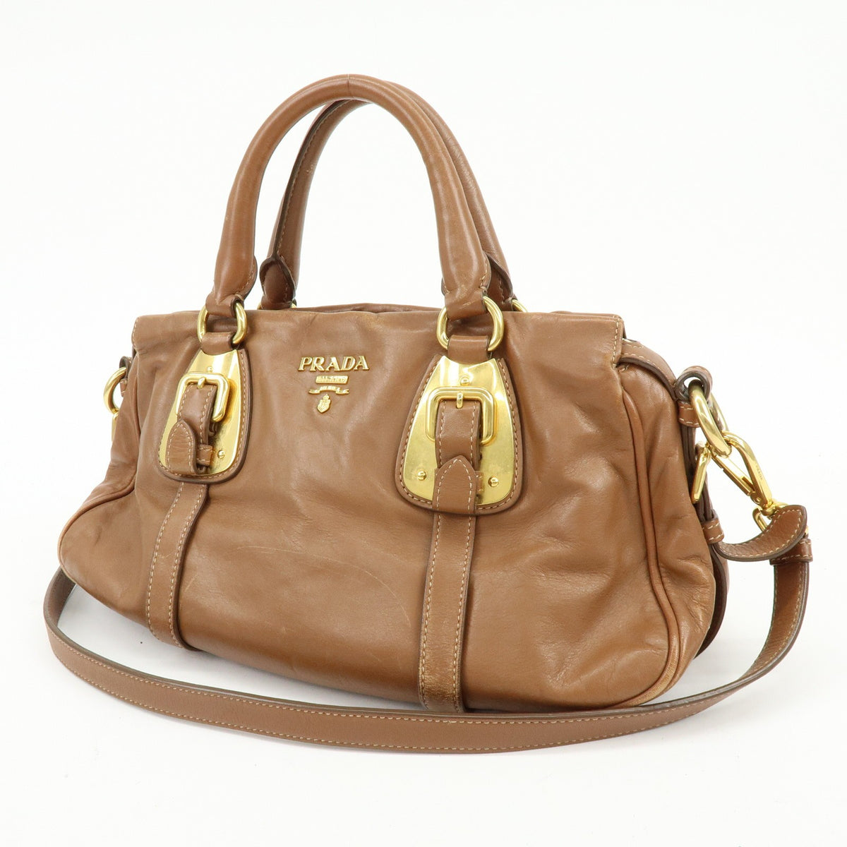Prada Convertible Belted Satchel Soft Calf Brown Leather Handbag (Pre-Owned)