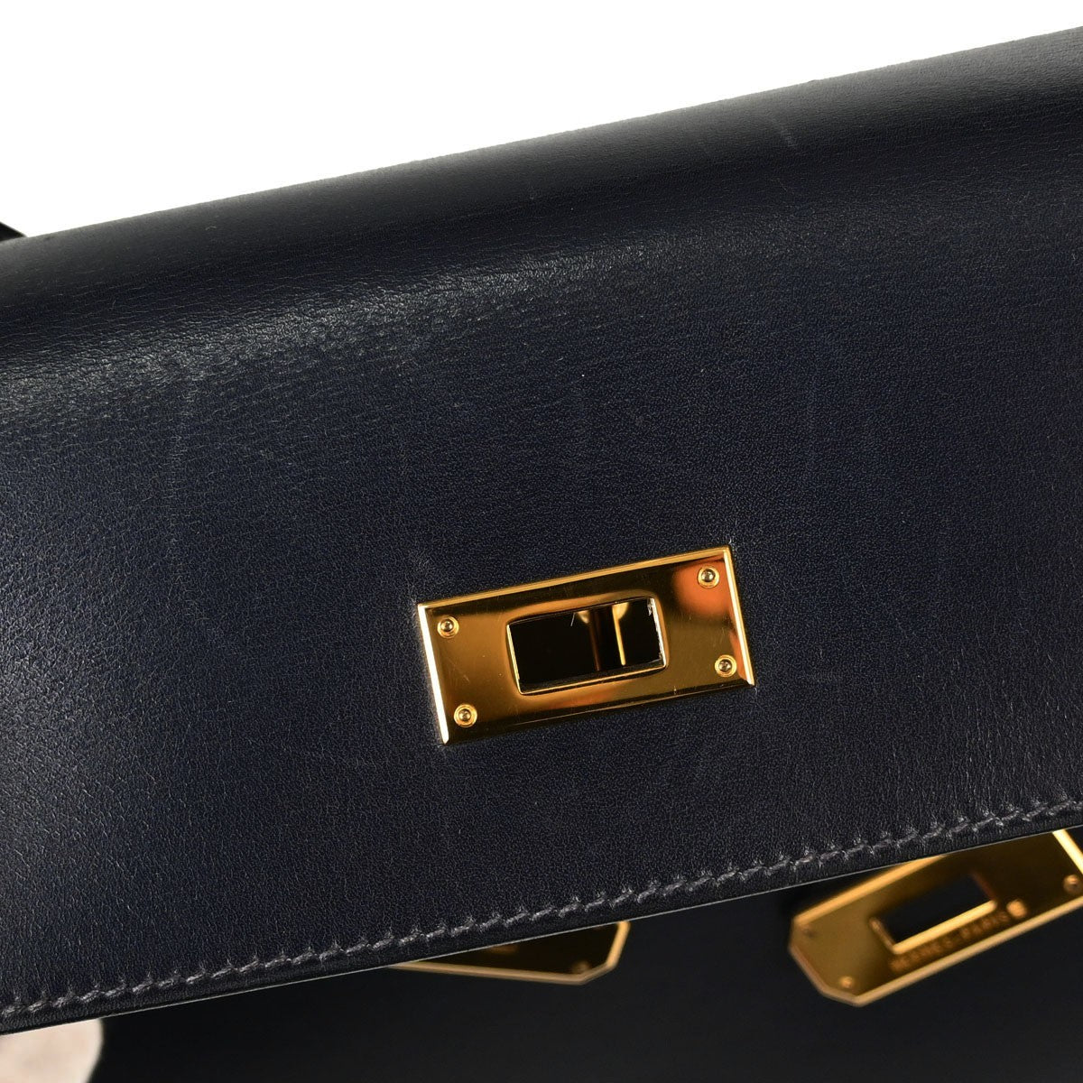 Hermes Kelly Blue Box Calf With Gold Hardware Blue Calfskin Handbag (Pre-Owned)