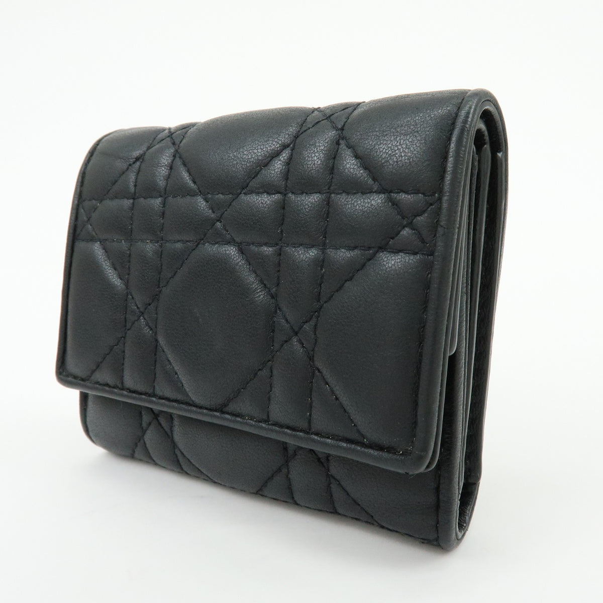 Christian Dior Lady Dior Lotus Cannage Quilt Lambskin Black Leather Wallets Accessory (Pre-Owned)