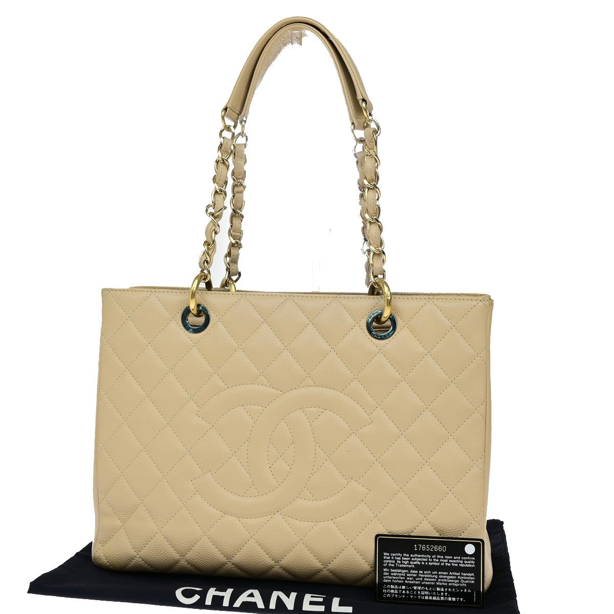 Chanel Grand Shopping Quilted Caviar Beige Leather Tote Bag Bag (Pre-Owned)