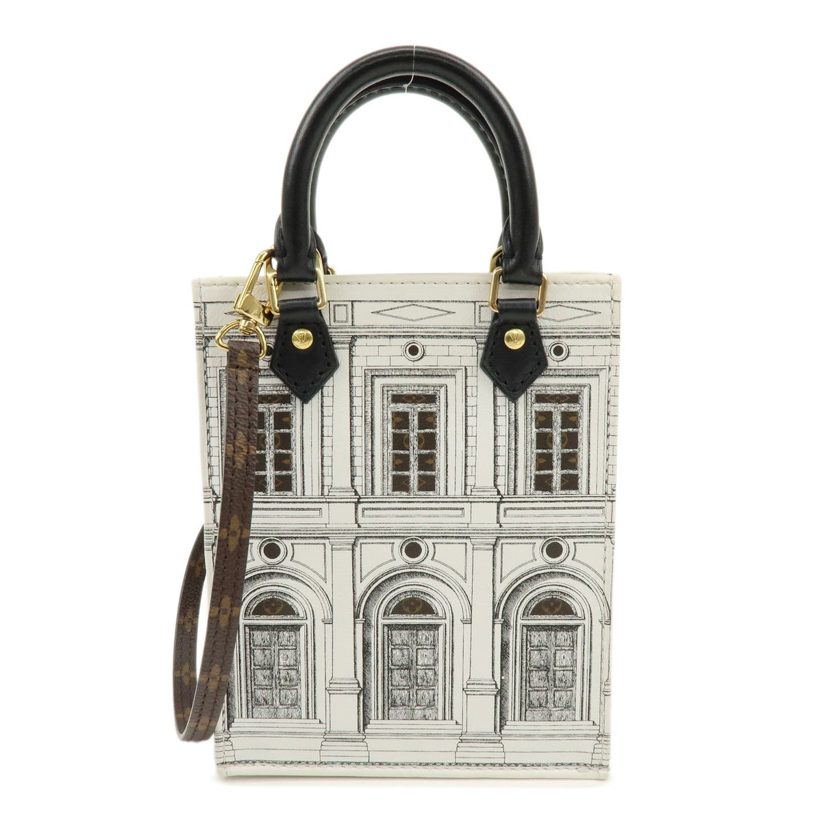 Louis Vuitton Petit Sac Plat Limited Edition Fornasetti Architettura Print Leather And Monogram Canvas White Canvas Handbag (Pre-Owned)