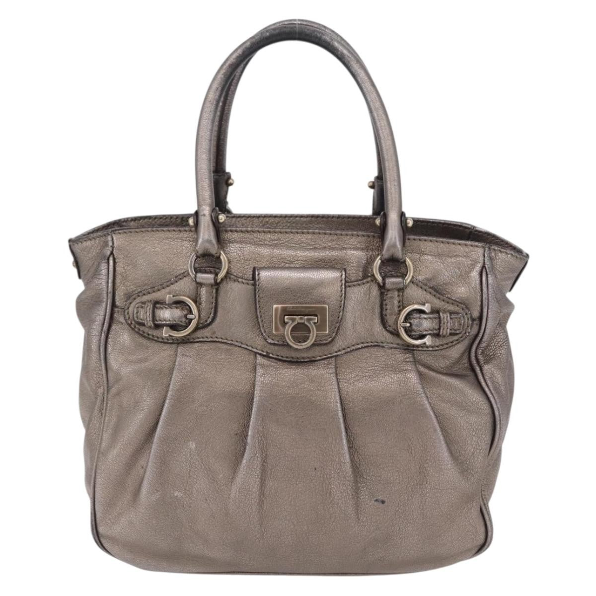Salvatore Ferragamo Gancini Top Handle Leather Silver Leather Handbag (Pre-Owned)
