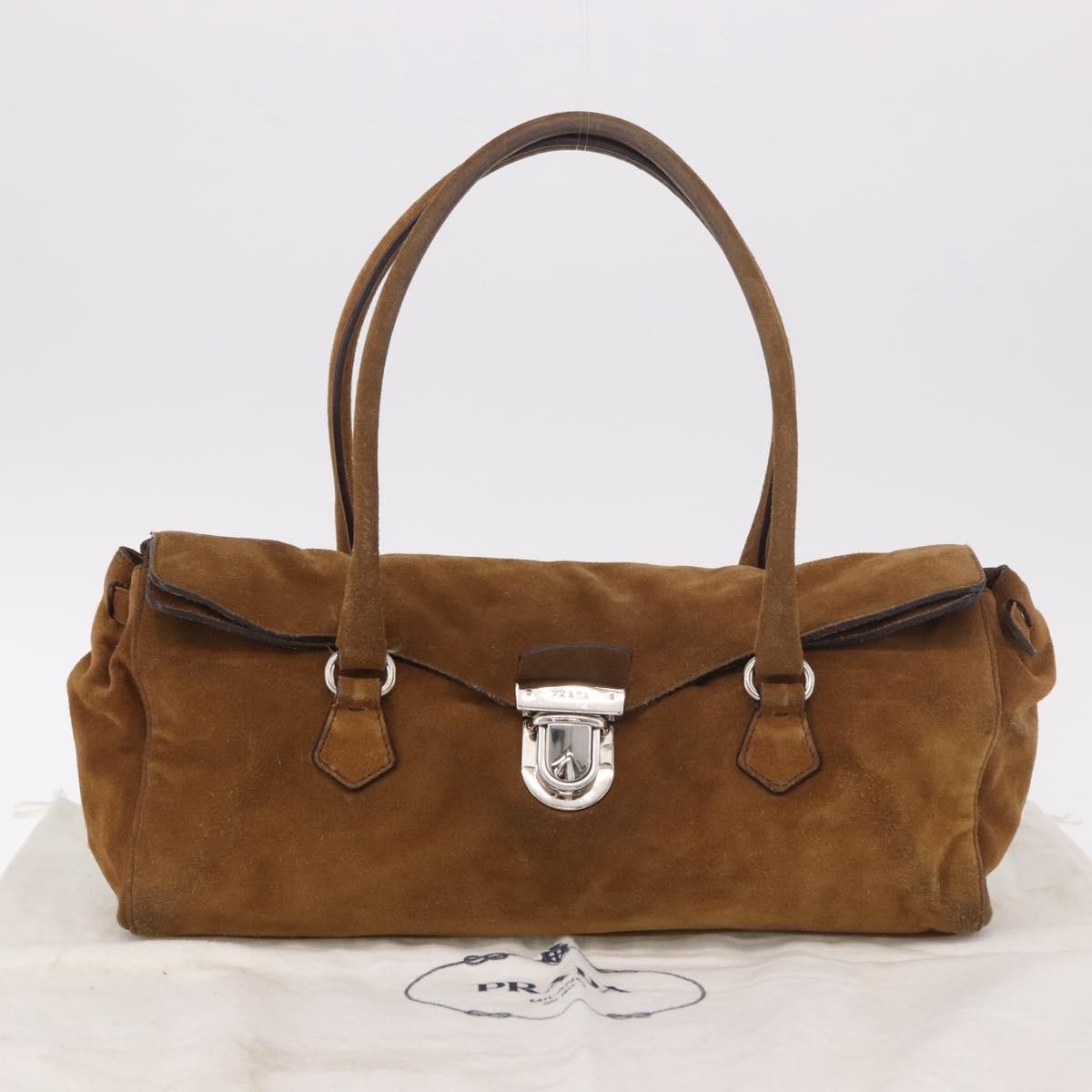 Prada Pushlock Tote Suede Brown Suede Handbag (Pre-Owned)