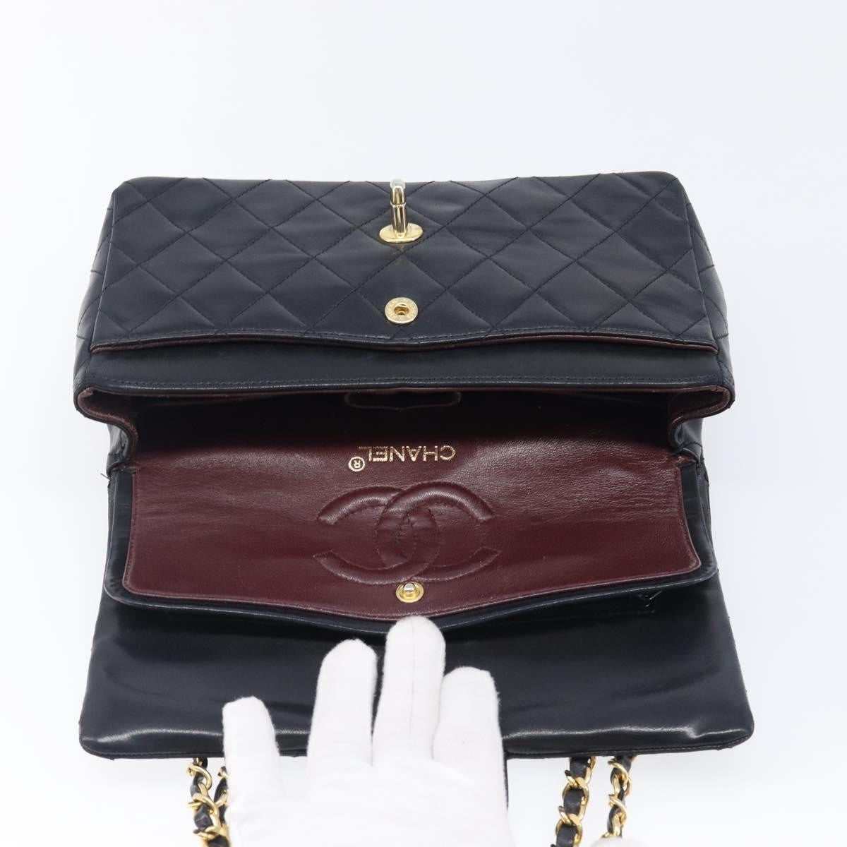 Chanel Vintage Classic Double Flap Quilted Lambskin Black Leather Shoulder Bag Bag (Pre-Owned)