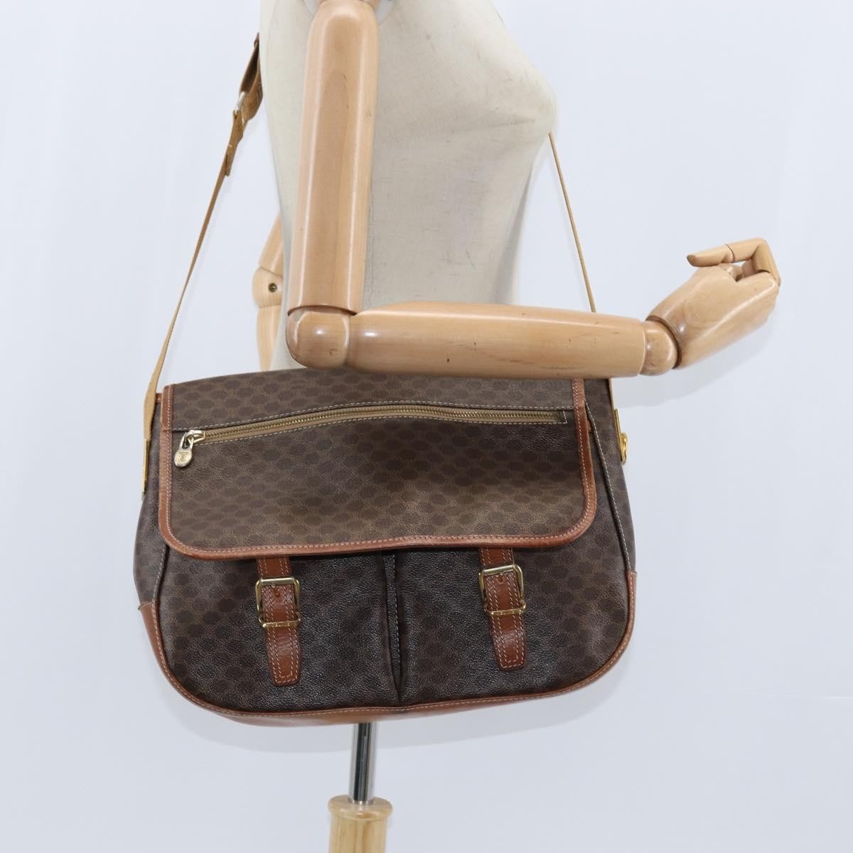 Celine Vintage Macadam Canvas And Leather Brown Canvas Shoulder Bag Bag (Pre-Owned)
