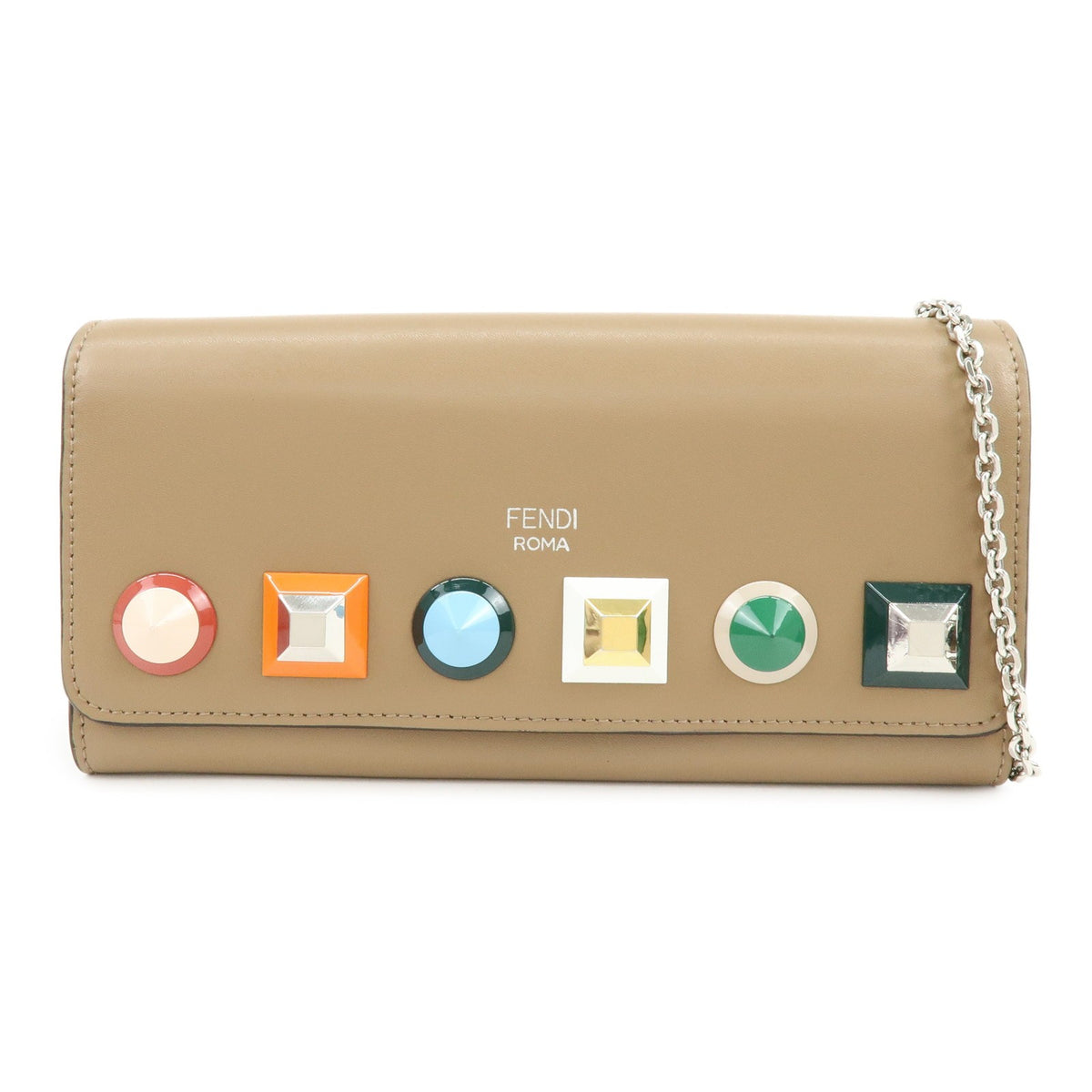 Fendi Continental Wallet On Chain Studded Leather Beige Leather Crossbody Bag Bag (Pre-Owned)
