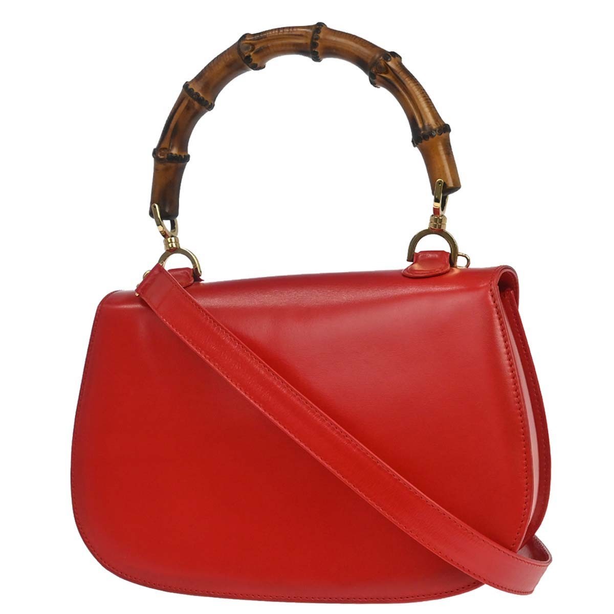 Gucci Vintage Convertible Bamboo Top Handle Leather Red Leather Handbag (Pre-Owned)