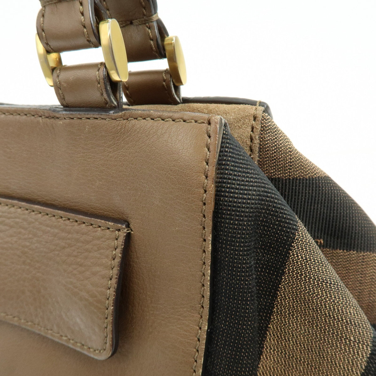 Fendi Boxy Leather With Pequin Canvas Brown Leather Tote Bag Bag (Pre-Owned)