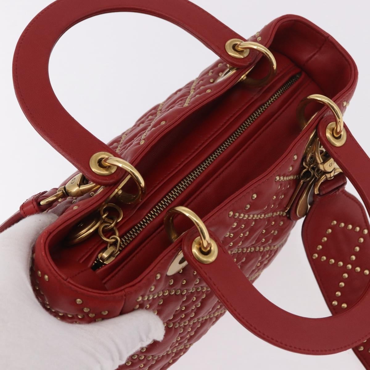 Christian Dior Supple Lady Dior Cannage Studded Lambskin Red Leather Handbag (Pre-Owned)