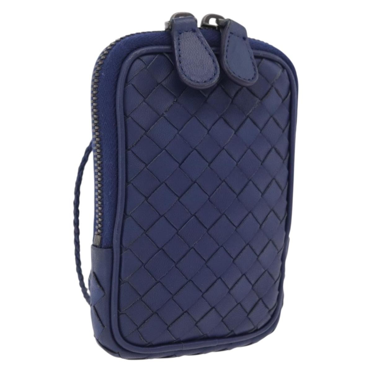 Bottega Veneta Zip Around Intrecciato Nappa Navy Leather Handbag (Pre-Owned)