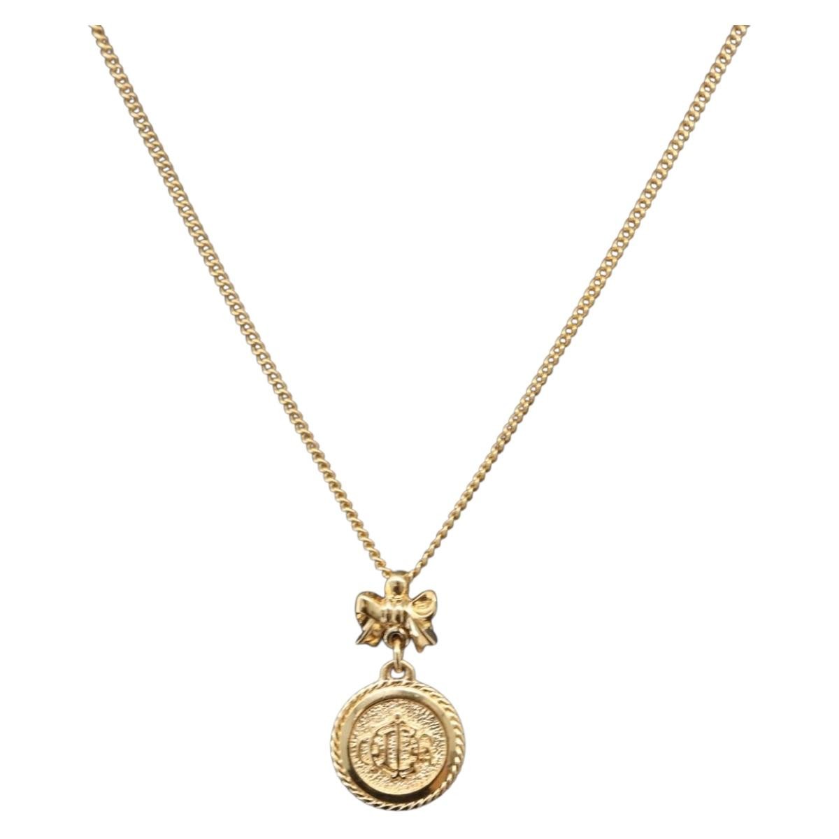Christian Dior Round Logo Pendant Metal With Crystal Gold Metal Necklace Jewelry (Pre-Owned)