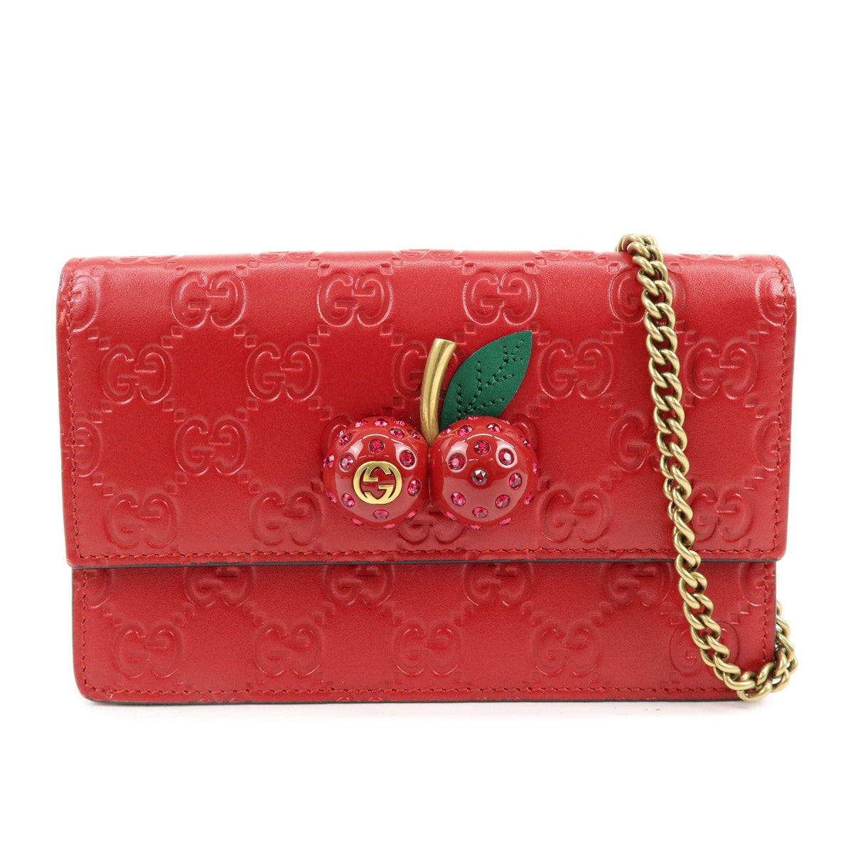 Gucci Cherries Wallet On Chain Guccissima Leather Red Leather Crossbody Bag Bag (Pre-Owned)