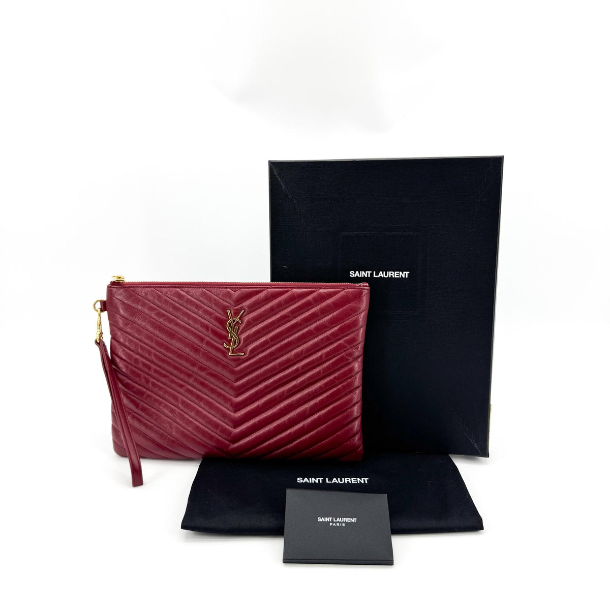 Saint Laurent Classic Monogram Wristlet Matelasse Chevron Leather Burgundy Leather Clutche & Pouche Bag (Pre-Owned)