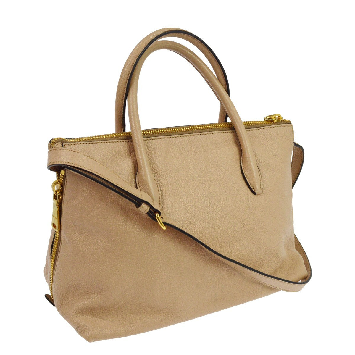 Miu Miu Madras Convertible Side Zip Satchel Leather Beige Leather Tote Bag Bag (Pre-Owned)