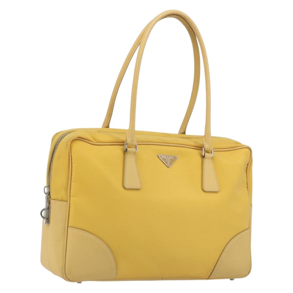 Prada Bauletto Tessuto With Saffiano Leather Yellow Canvas Handbag (Pre-Owned)