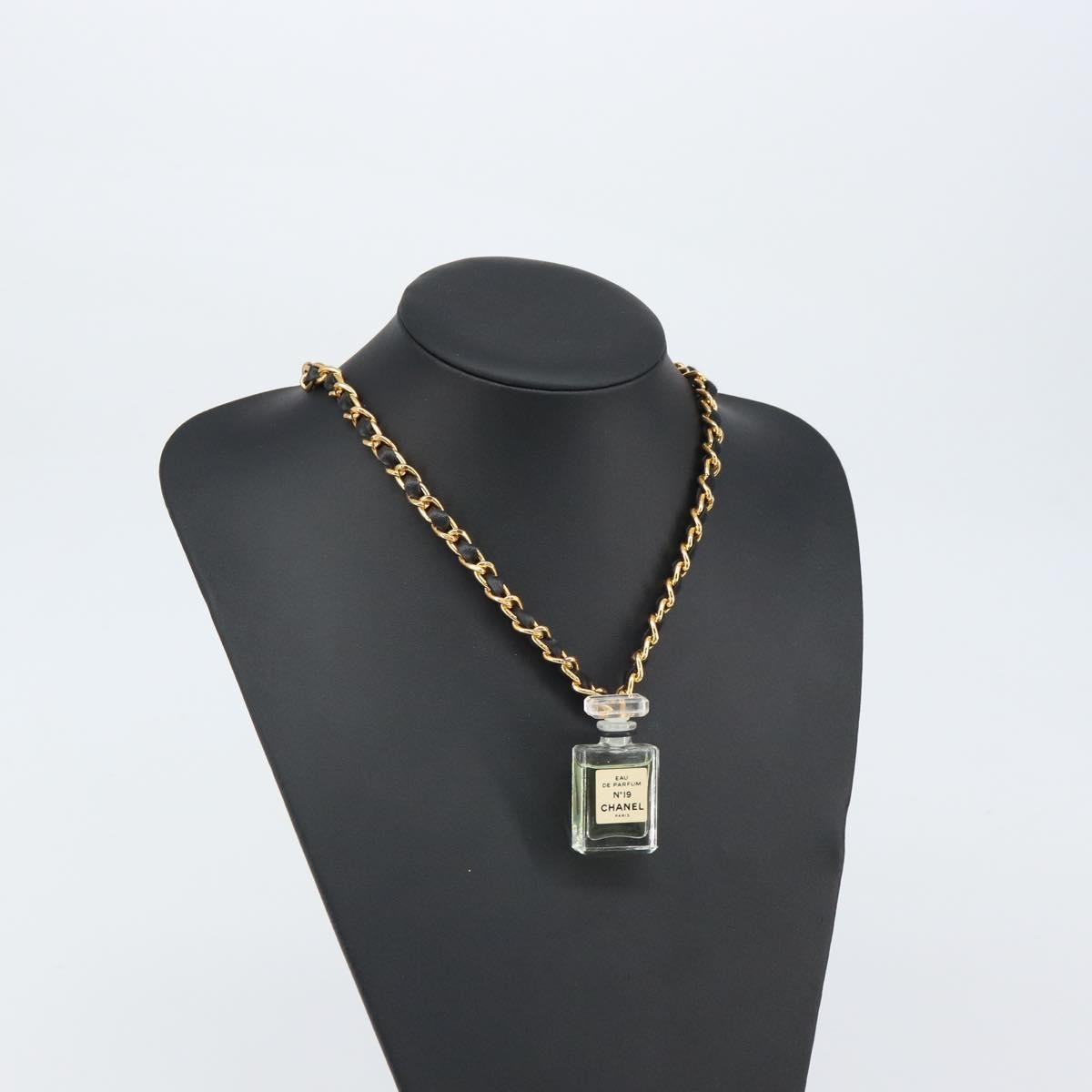 Chanel Cc Perfume Bottle Pendant Chain Long Metal With Leather, Crystals And Faux Pearl Gold Metal Necklace Jewelry (Pre-Owned)