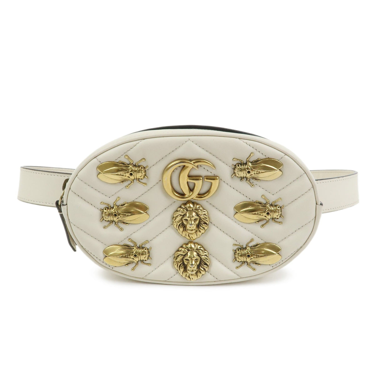 Gucci Gg Marmont Belt Embellished Matelasse Leather Beige Leather Handbag (Pre-Owned)