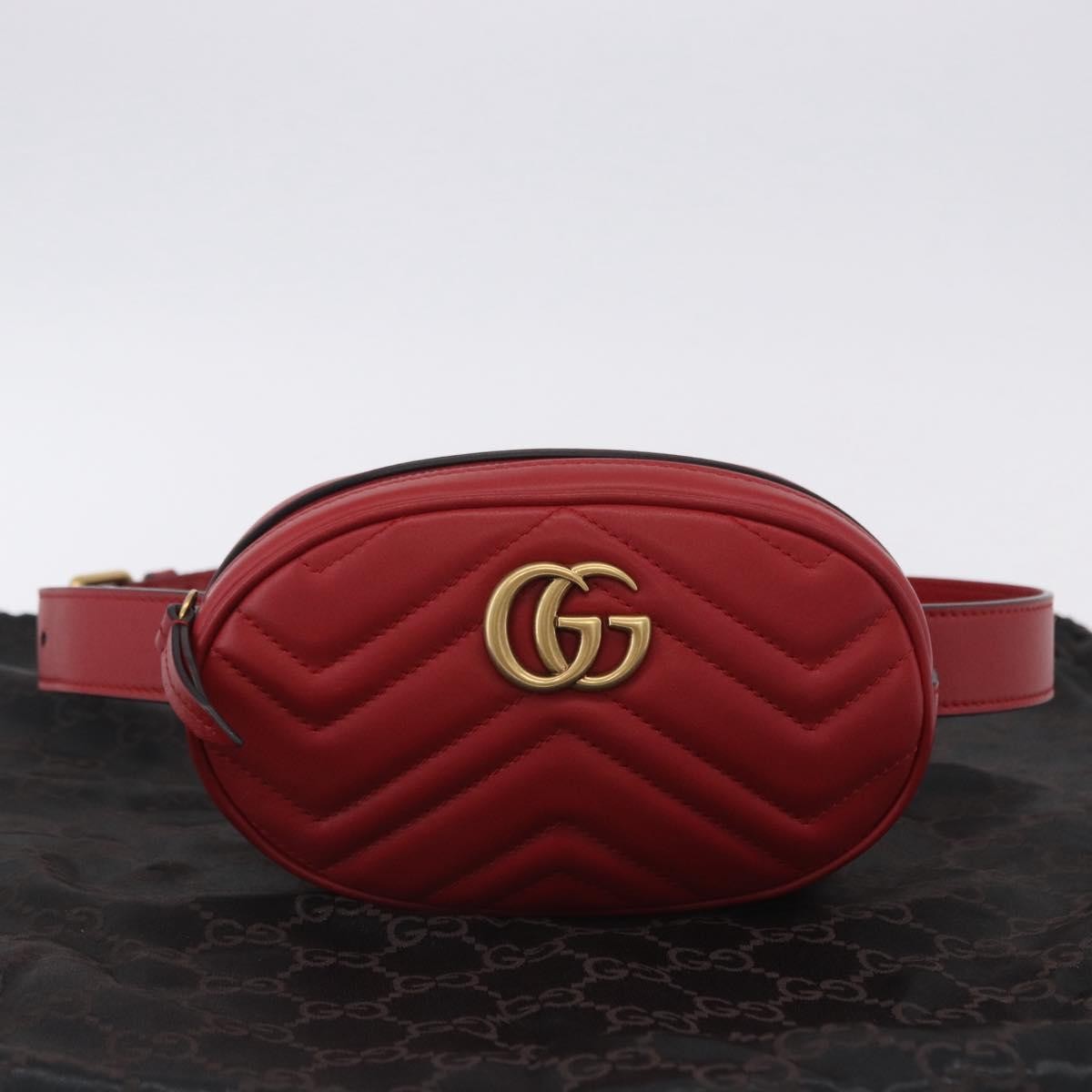 Gucci Gg Marmont Belt Matelasse Leather Red Leather Handbag (Pre-Owned)
