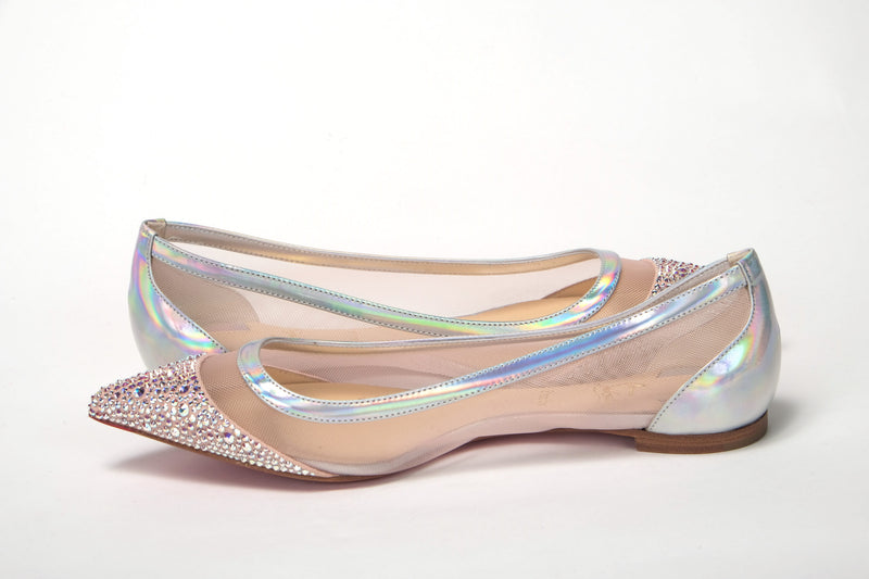 Christian Louboutin Silver Rose Flat Point Crystals Toe Women's Shoe