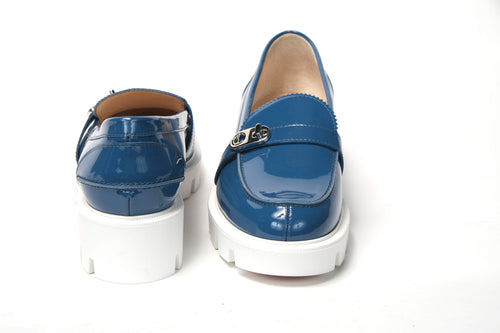Christian Louboutin Blue And White Silver Logo Lock Boat Women's Shoe