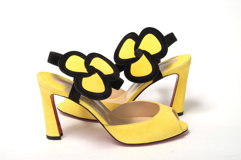 Christian Louboutin Yellow Black Peep Toe Flower Women's Sandal