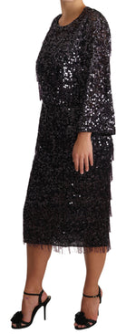Dolce & Gabbana Black Sequined Long Sleeve Shift Midi Women's Dress