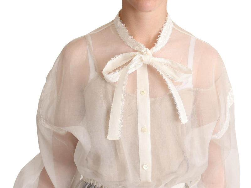 Dolce & Gabbana White Ascot Collar Long Sleeves Blouse Women's Top