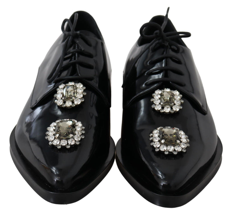 Dolce & Gabbana Black Leather Crystal Lace Up Formal Women's Shoes