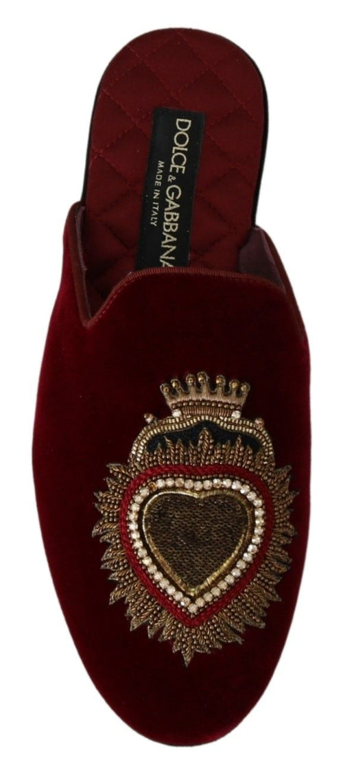 Dolce & Gabbana Red Velvet Sacred Heart Embroidery Slides Men's Shoes