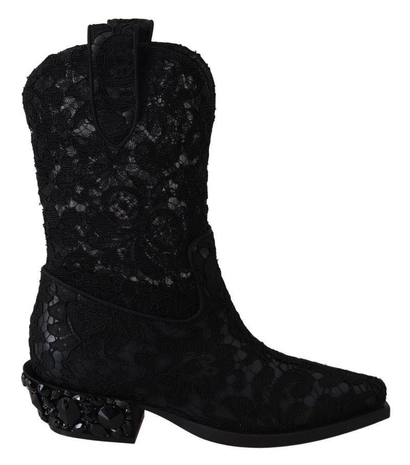 Dolce & Gabbana Black Lace Taormina Ankle Cowboy Crystal Women's Shoes