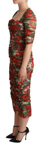 Dolce & Gabbana Red Floral Print Tulle Sheath Midi Women's Dress