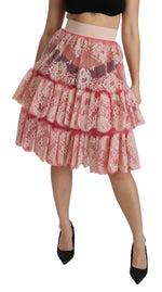 Dolce & Gabbana Pink Lace Layered High Waist Knee Length Women's Skirt
