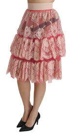 Dolce & Gabbana Pink Lace Layered High Waist Knee Length Women's Skirt