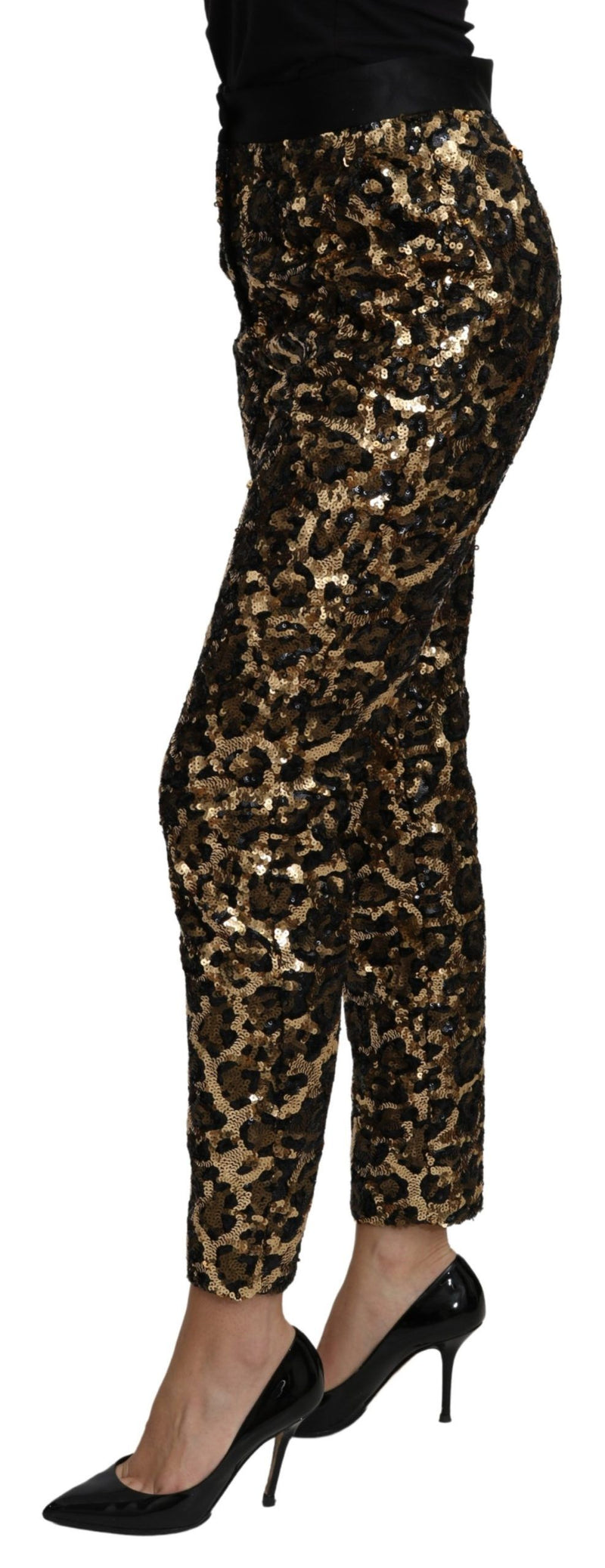 Dolce & Gabbana Gold Brown Leopard Sequined High Waist Women's Pants
