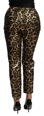 Dolce & Gabbana Gold Brown Leopard Sequined High Waist Women's Pants