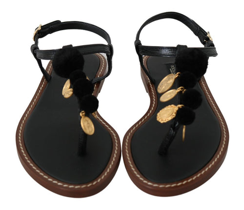 Dolce & Gabbana Pom Pom Flip Flop Ankle Strap Women's Flats