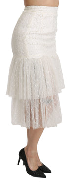 Dolce & Gabbana White Lace Layered High Waist Midi Cotton  Women's Skirt