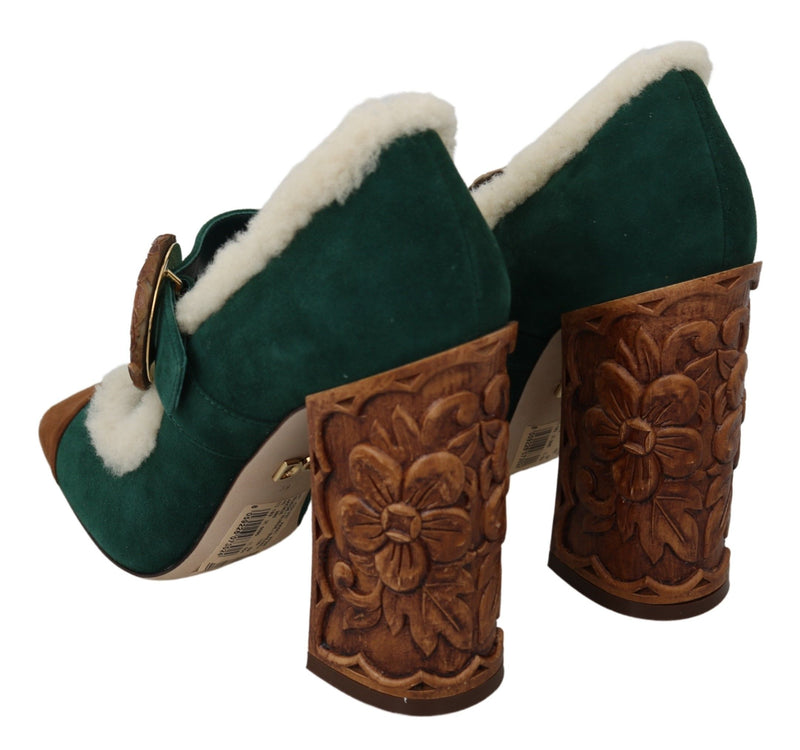 Dolce & Gabbana Chic Green Suede Mary Janes with Shearling Women's Trim