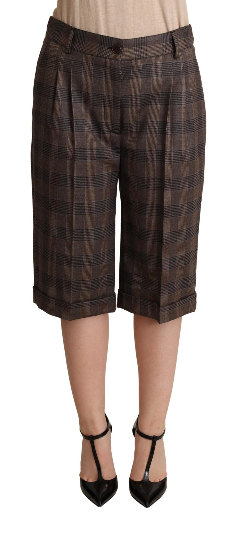 Dolce & Gabbana Brown Checkered Wool Bermuda Mid Waist Women's Shorts