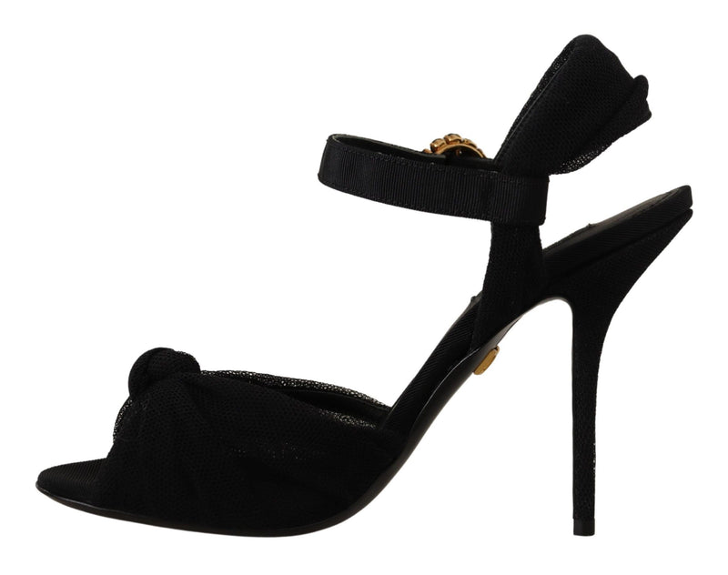 Dolce & Gabbana Black Tulle Ankle Strap Heels with Crystal Women's Buckle