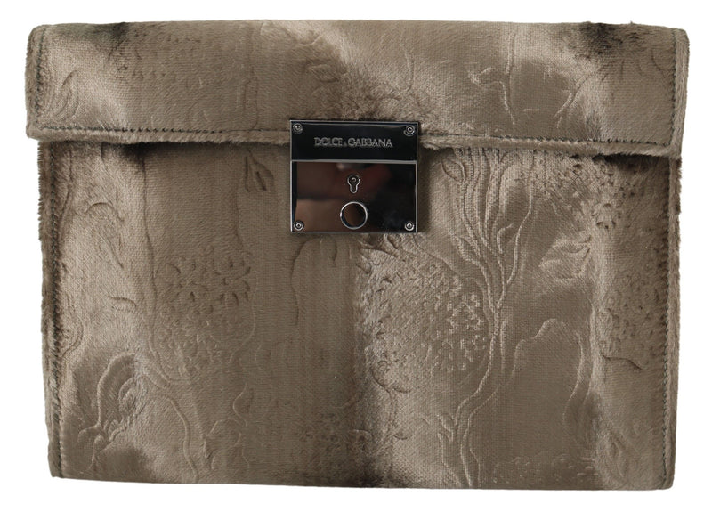 Dolce & Gabbana Beige Velvet Croco-Print Leather Briefcase Men's Clutch