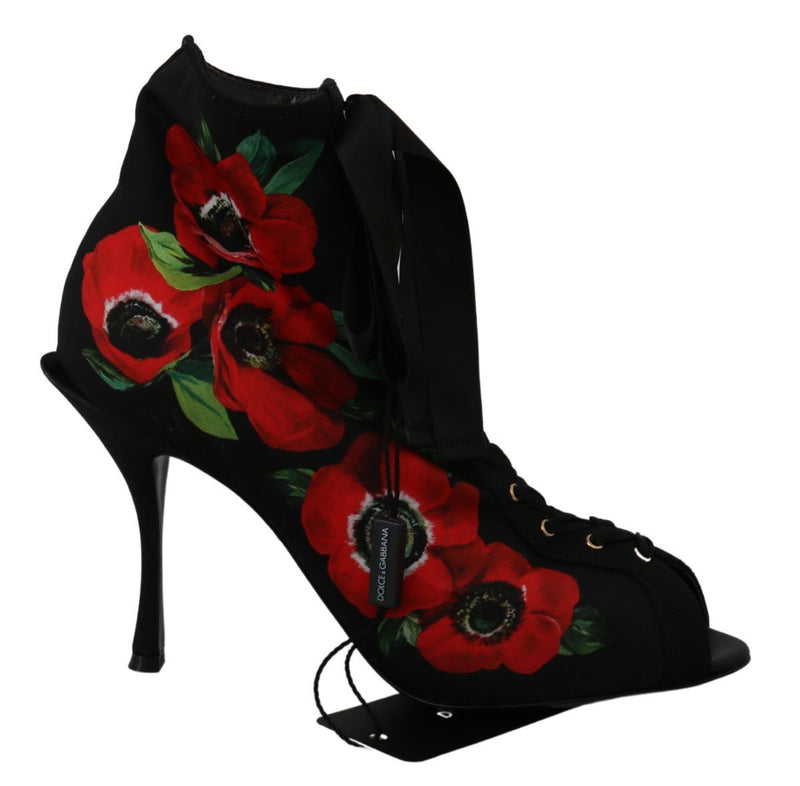 Dolce & Gabbana Black Red Roses Ankle Booties Women's Shoes