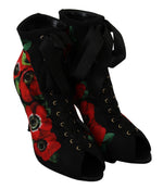 Dolce & Gabbana Black Red Roses Ankle Booties Women's Shoes