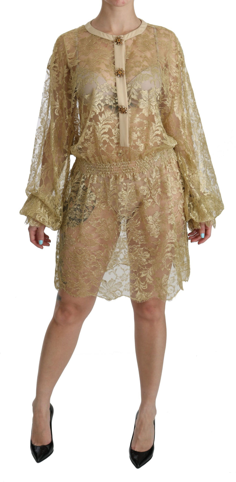 Dolce & Gabbana Gold Lace See Through A-Line Knee Length Women's Dress