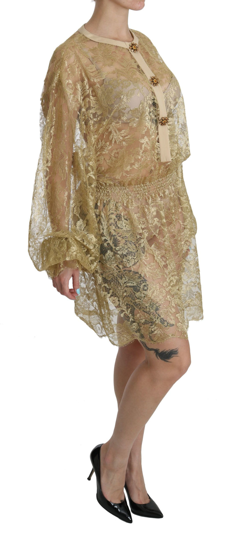 Dolce & Gabbana Gold Lace See Through A-Line Knee Length Women's Dress