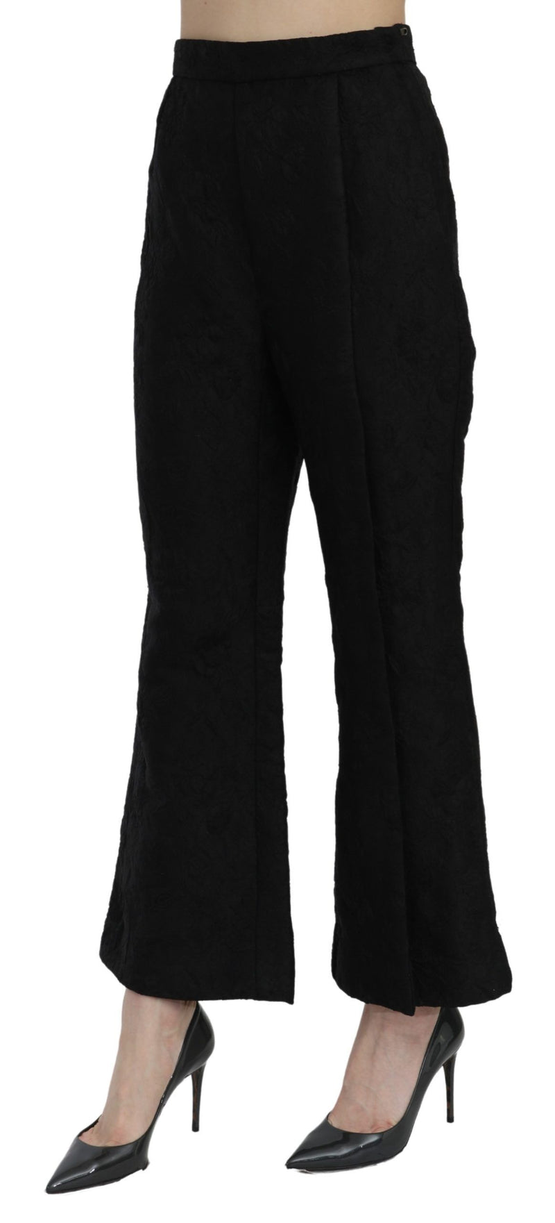 Dolce & Gabbana Black High Waist Flared Cropped Brocade Women's Pants