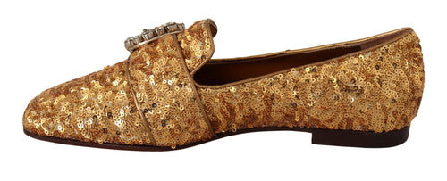 Dolce & Gabbana Gold Sequin Crystal Flat Women Loafers Women's Shoes