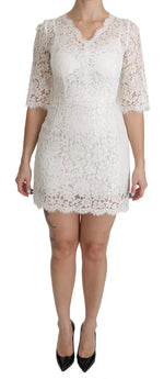 Dolce & Gabbana White Floral Lace Shift V-neck Mini Women's Dress
